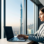 A professional female linguist, fully clothed in a modest business suit, seated at a sleek modern desk, intensely focused on her laptop. The screen displays a complex digital interface with flowing lines connecting different languages and cultural symbols, subtly representing global communication and the art of translation. In the background, a sunlit, minimalist office with large windows overlooking a contemporary cityscape that subtly incorporates modern architectural elements inspired by Middle Eastern design. The scene emphasizes innovation and cultural understanding.
    *   **Mandatory inclusions:** safe for work, appropriate content, fully clothed, professional dress, modest clothing, perfect anatomy, correct proportions, natural pose, well-formed hands, proper finger count, natural body proportions, high quality photography.