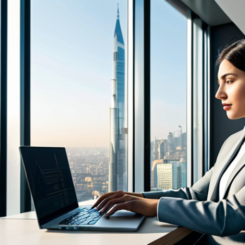 A professional female linguist, fully clothed in a modest business suit, seated at a sleek modern desk, intensely focused on her laptop. The screen displays a complex digital interface with flowing lines connecting different languages and cultural symbols, subtly representing global communication and the art of translation. In the background, a sunlit, minimalist office with large windows overlooking a contemporary cityscape that subtly incorporates modern architectural elements inspired by Middle Eastern design. The scene emphasizes innovation and cultural understanding.
    *   **Mandatory inclusions:** safe for work, appropriate content, fully clothed, professional dress, modest clothing, perfect anatomy, correct proportions, natural pose, well-formed hands, proper finger count, natural body proportions, high quality photography.