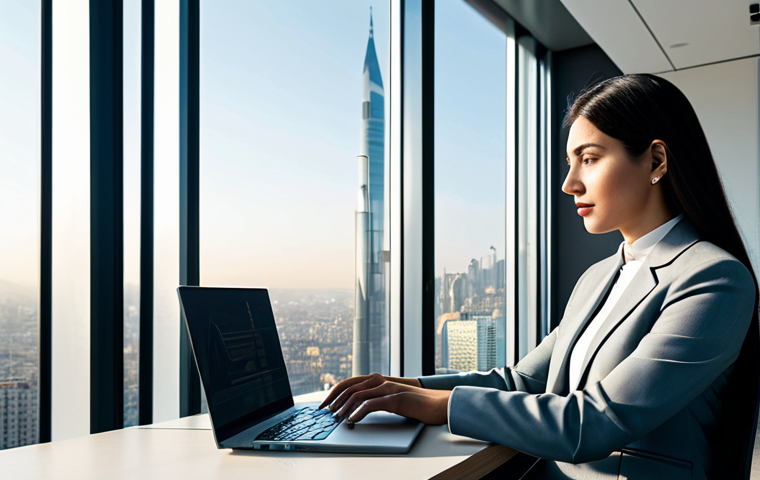 A professional female linguist, fully clothed in a modest business suit, seated at a sleek modern desk, intensely focused on her laptop. The screen displays a complex digital interface with flowing lines connecting different languages and cultural symbols, subtly representing global communication and the art of translation. In the background, a sunlit, minimalist office with large windows overlooking a contemporary cityscape that subtly incorporates modern architectural elements inspired by Middle Eastern design. The scene emphasizes innovation and cultural understanding.
* **Mandatory inclusions:** safe for work, appropriate content, fully clothed, professional dress, modest clothing, perfect anatomy, correct proportions, natural pose, well-formed hands, proper finger count, natural body proportions, high quality photography.