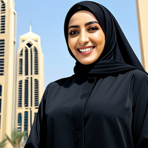 **

A professional Arab businesswoman in a modest, tailored abaya and hijab, standing confidently in front of a modern office building in Dubai, UAE. The background includes recognizable Dubai architecture.  She is smiling slightly. Safe for work, appropriate content, fully clothed, professional, perfect anatomy, natural proportions, professional photography, high quality.

**