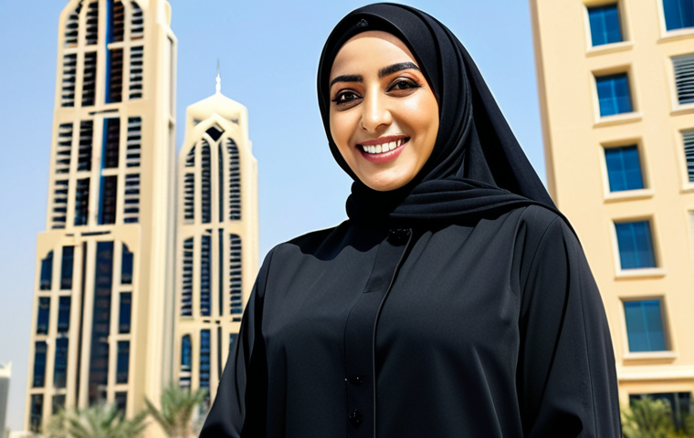 **
A professional Arab businesswoman in a modest, tailored abaya and hijab, standing confidently in front of a modern office building in Dubai, UAE. The background includes recognizable Dubai architecture. She is smiling slightly. Safe for work, appropriate content, fully clothed, professional, perfect anatomy, natural proportions, professional photography, high quality.
**