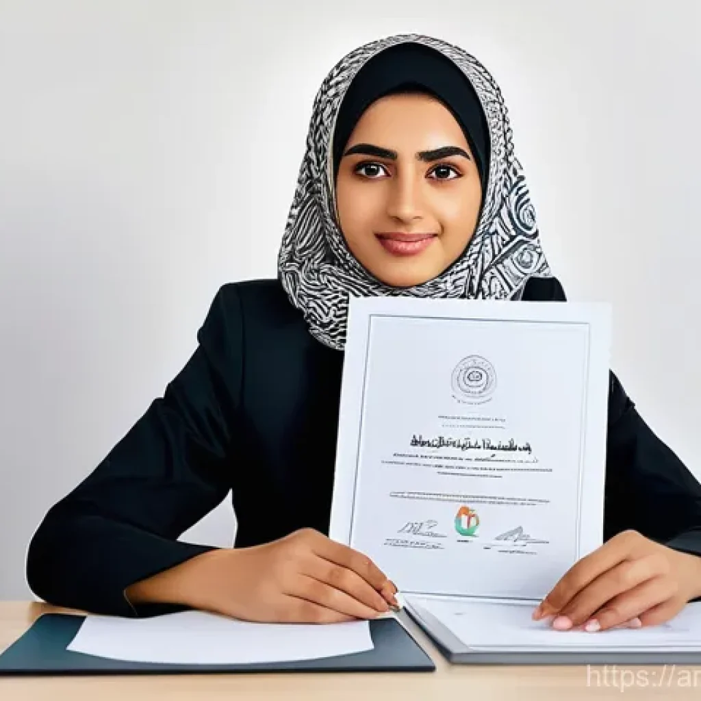 번역사 자격증 취득 후 경력 쌓기 - **Prompt:** A hopeful young Arab woman or man, dressed in smart casual business attire, sits at a cl...