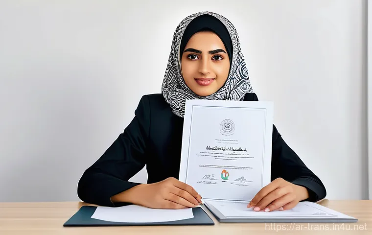 번역사 자격증 취득 후 경력 쌓기 - **Prompt:** A hopeful young Arab woman or man, dressed in smart casual business attire, sits at a cl...