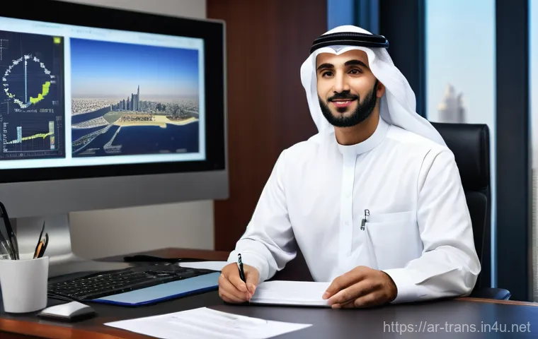 번역사 자격증 취득 후 경력 쌓기 - **Prompt:** A hopeful young Arab woman or man, dressed in smart casual business attire, sits at a cl...