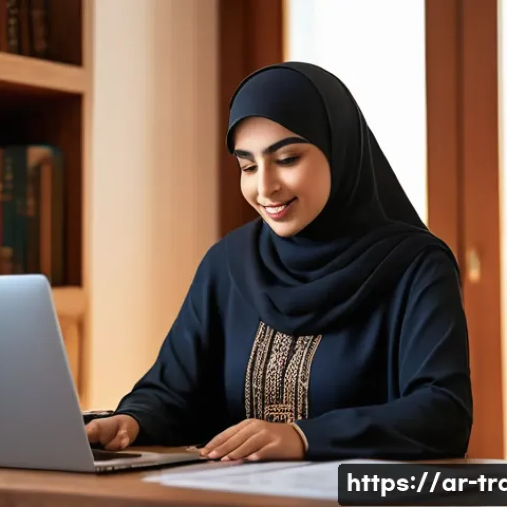 번역사 자격증 취득으로 이직 성공한 사례 - A professional Arab woman translator sitting at a modern desk in a cozy home office, surrounded by b...