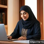 번역사 자격증 취득으로 이직 성공한 사례 - A professional Arab woman translator sitting at a modern desk in a cozy home office, surrounded by b...