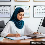 Home 21 번역사 필기시험 합격률 높이기 - A professional Arab woman translator working diligently at a modern desk in a bright, cozy home offi...