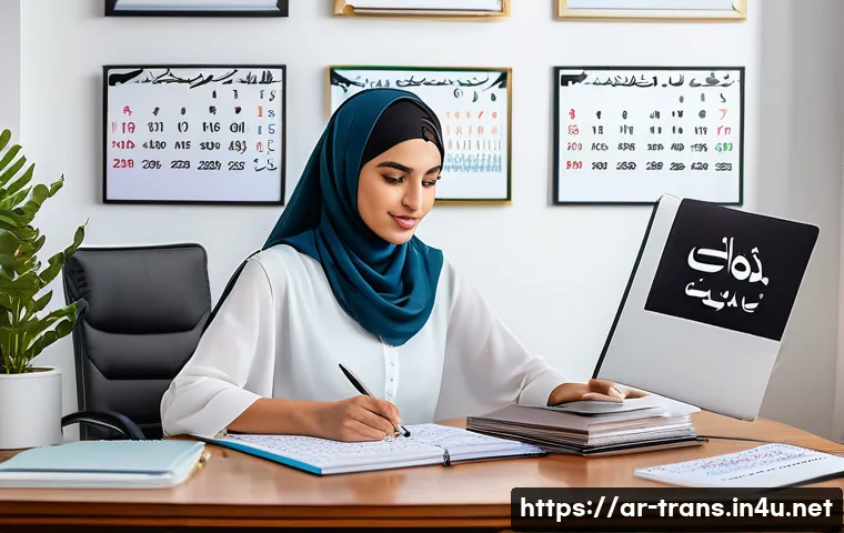 번역사 필기시험 합격률 높이기 - A professional Arab woman translator working diligently at a modern desk in a bright, cozy home offi...