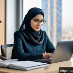 번역사 자격증으로 도전할 수 있는 직업 - A professional Middle Eastern female translator in a modern office setting, surrounded by legal and ...