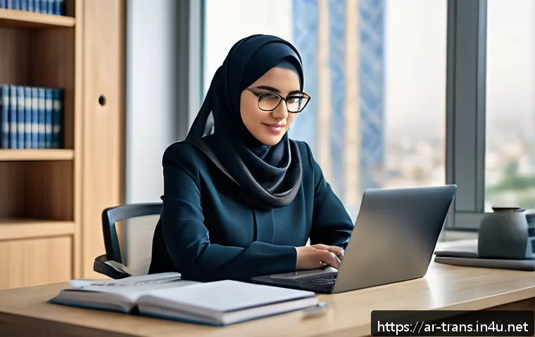 번역사 자격증으로 도전할 수 있는 직업 - A professional Middle Eastern female translator in a modern office setting, surrounded by legal and ...