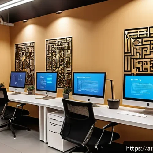 번역사 필수 소프트웨어와 활용법 - A modern collaborative translation workspace showing a diverse team of Arabic-speaking translators w...