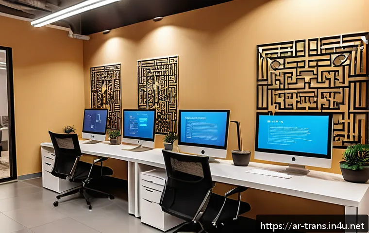 번역사 필수 소프트웨어와 활용법 - A modern collaborative translation workspace showing a diverse team of Arabic-speaking translators w...
