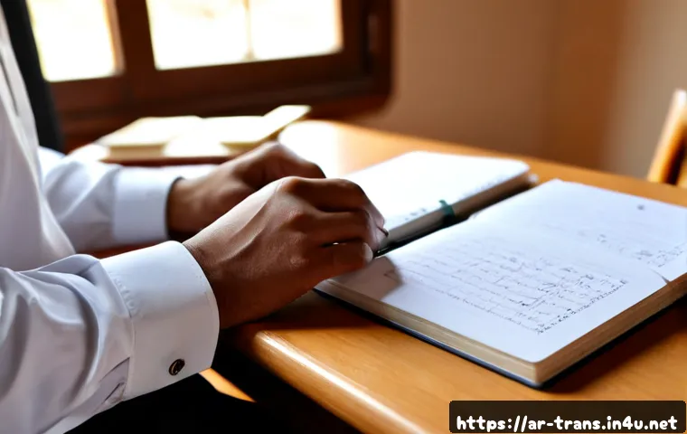 번역사 필기시험 주요 키워드 - Photorealistic close-up of an Arabic-speaking translator candidate preparing for a handwritten certi...