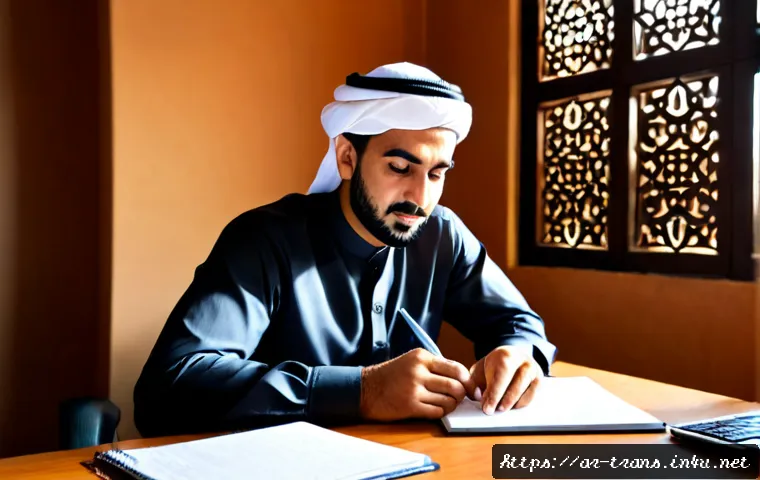 번역사 필수 실무 기술 - Photorealistic editorial scene of a professional Arab translator at a clean modern desk, focused on ...