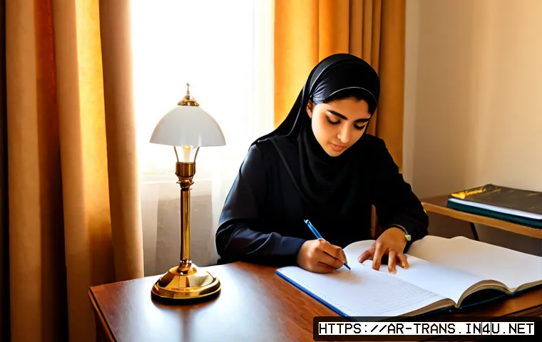 번역사 자격증 필기시험 대비 강좌 - Photorealistic Arab woman in modest professional attire preparing for a translator certification wri...